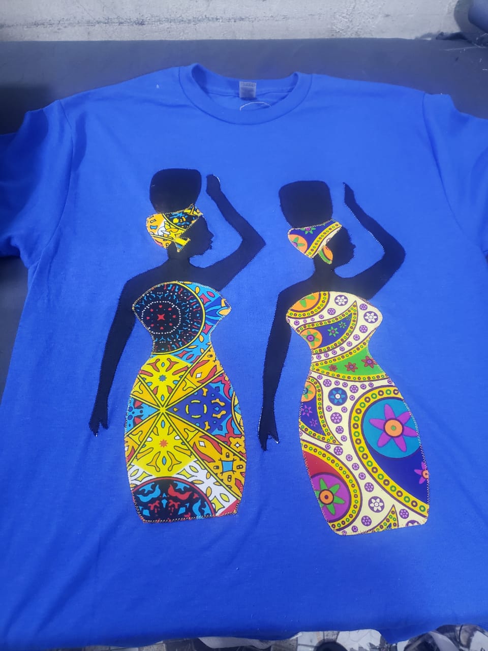 African Print TShirt Two Women Blue